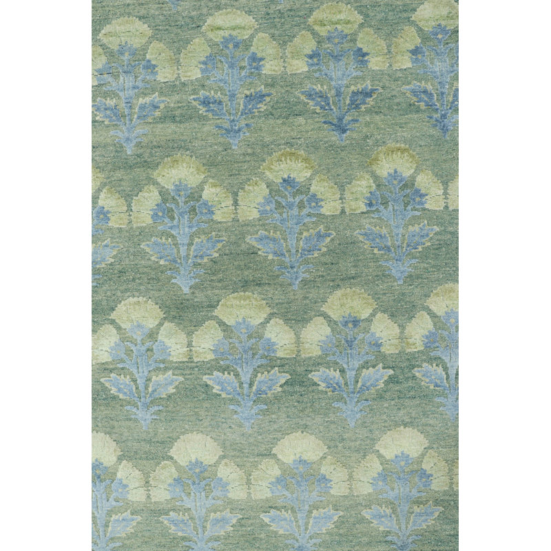 Rug & Kilim’S Custom Block Print Rug Design With Blue And Green Floral Pattern, Rectangle 9' x 12'