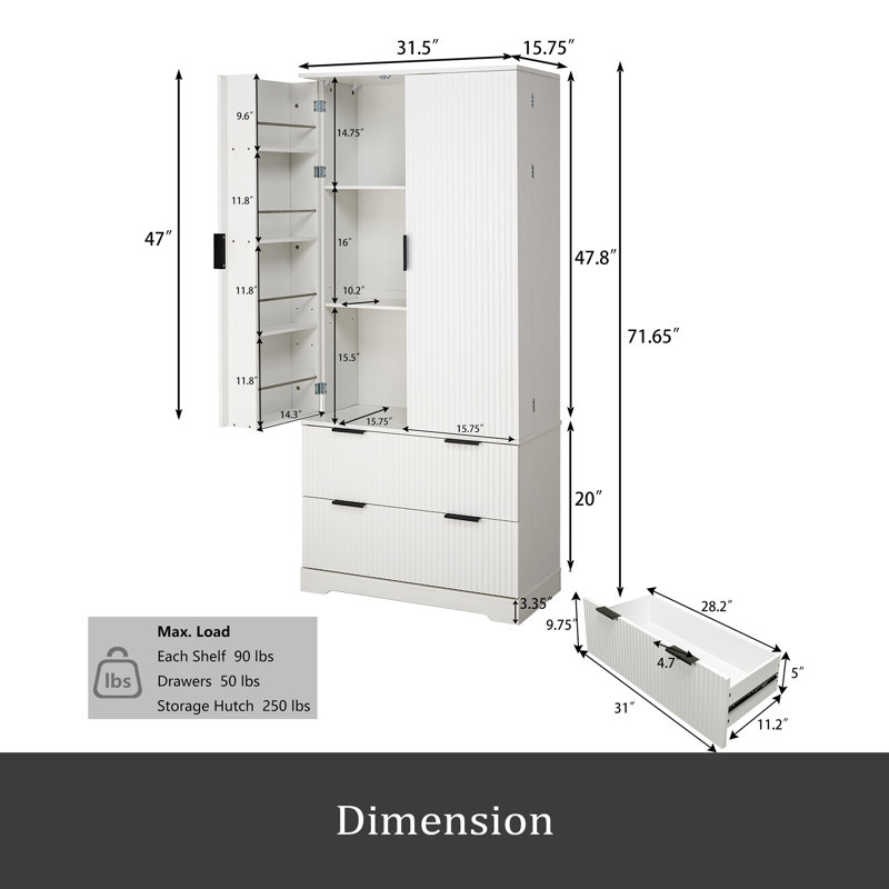 Armoire de cuisine 72 po avec 2 grands tiroirs et un support à épices à 8 portes, organisateur de rangement autoportant pour salle de bain, salle à manger, bureau, vestibule
