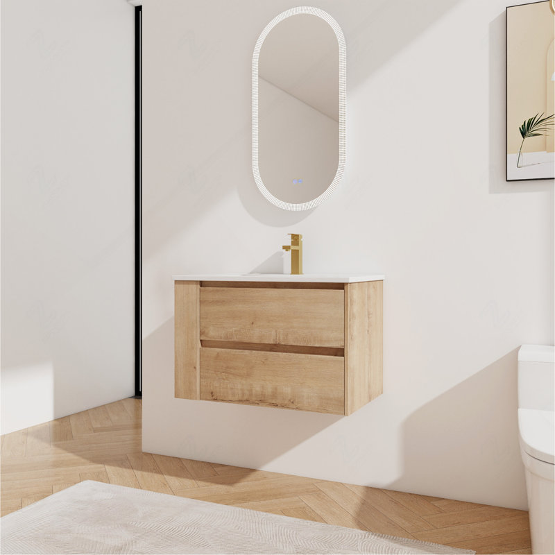 Meuble-lavabo suspendu moderne de 76 cm avec lavabo en céramique et tablette latérale ouverte réversible, fixé au mur, 2 tiroirs à fermeture en douceur