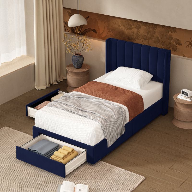 Lit plateforme avec rangement Jeilyn, Simple, Bleu