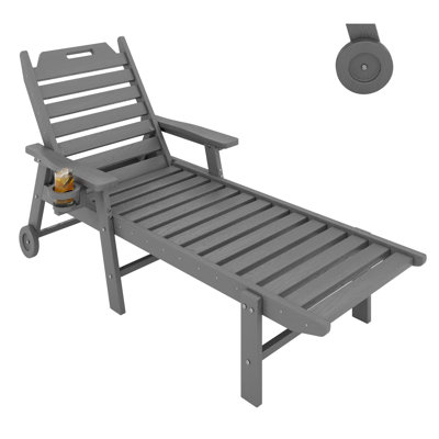 Chaise longue d'extérieur en PEHD avec texture en bois et dossier à 5 positions | Porte-gobelet et roulettes intégrés pour chaise longue toutes saisons pour patio, piscine, terrasse et cour arrière, gris