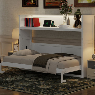 Lit escamotable simple TG avec bureau, lumière DEL et station de charge USB, blanc