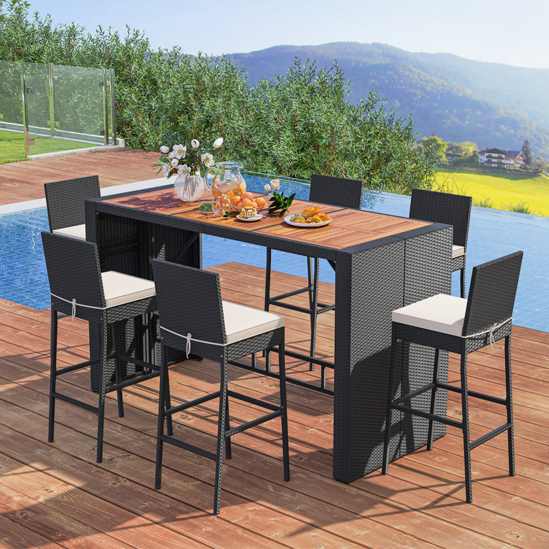 7-piece Patio Bar Dining Set Pe Rattan Furniture Set With Acacia Wood Tabletop & Soft Cushions