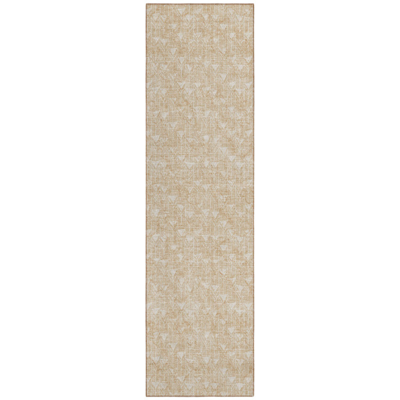 2' X 8' Beige Geometric Washable Indoor Outdoor Runner Rug