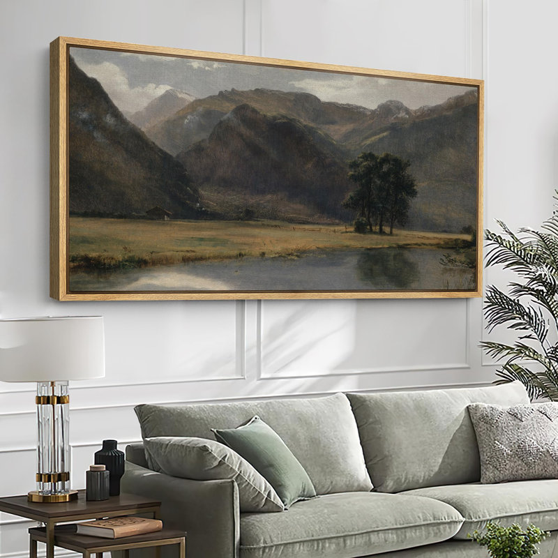 Tranquil Mountain Valley avec rivière, art moderne, H 30 po x l 60 po, Naturel