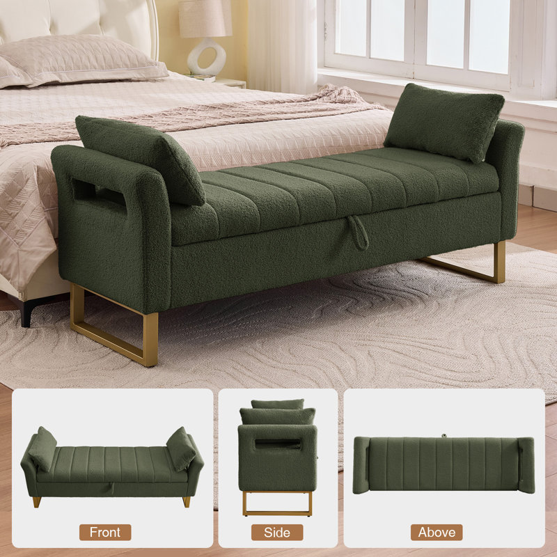 66"W Upholstered Flip Top Teddy Storage Bench King Size with Gold Legs,Curverd Armrest and 2 Pillows , Green, 67"W