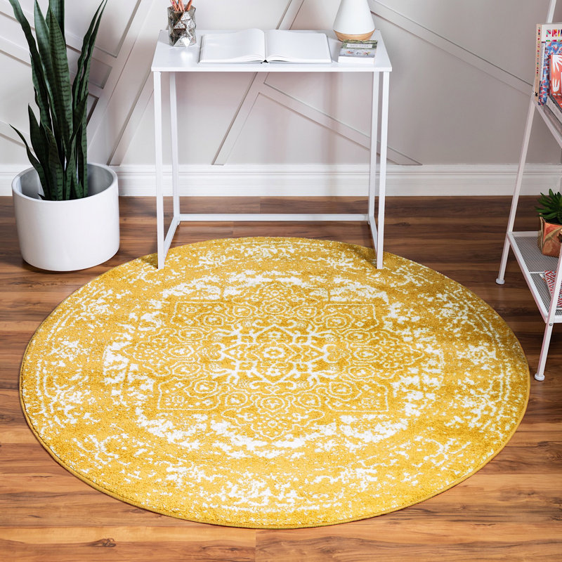 Tapis jaune tissé à la reine Reine, Rond 7 pi 10 po