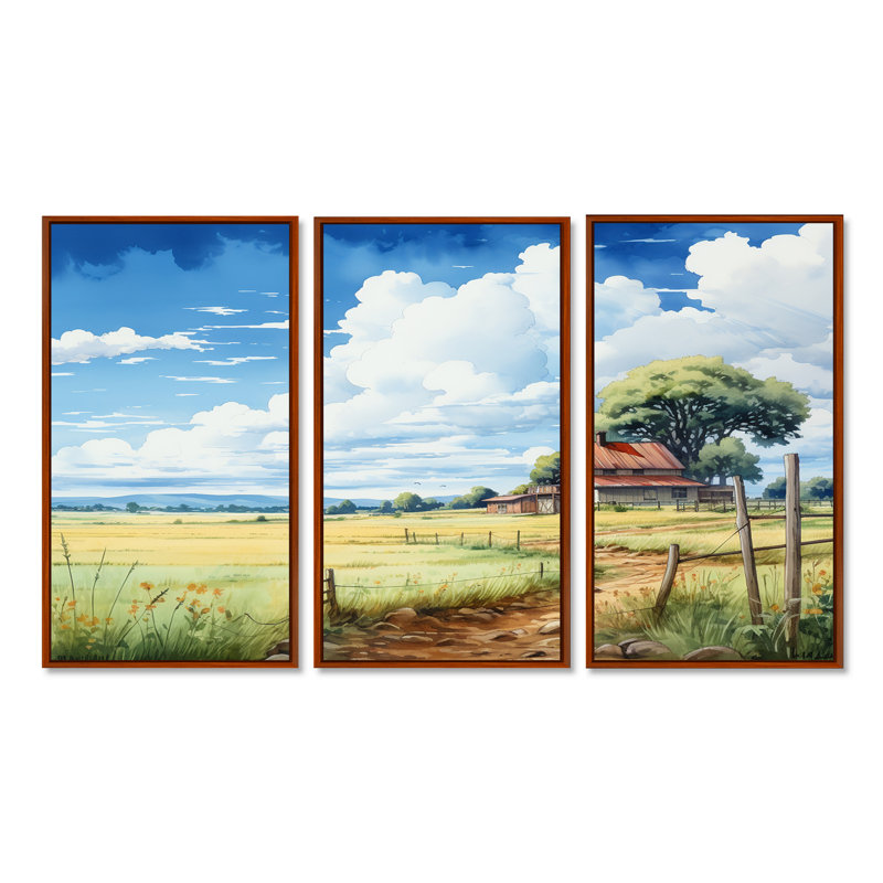 Herbe verte à côté de la maison de campagne - ensemble de décorations murales paysage, Cadre flottant brun