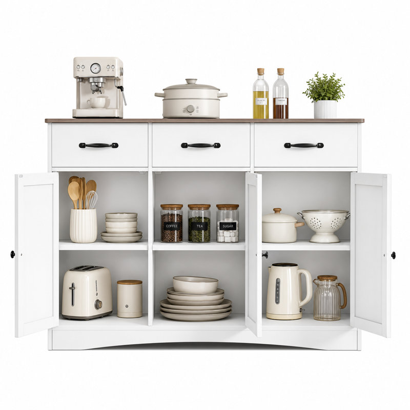 Buffet Michaila 42,5 W avec portes de garde-manger, tablettes réglables et grand tiroir, Blanc / Gris
