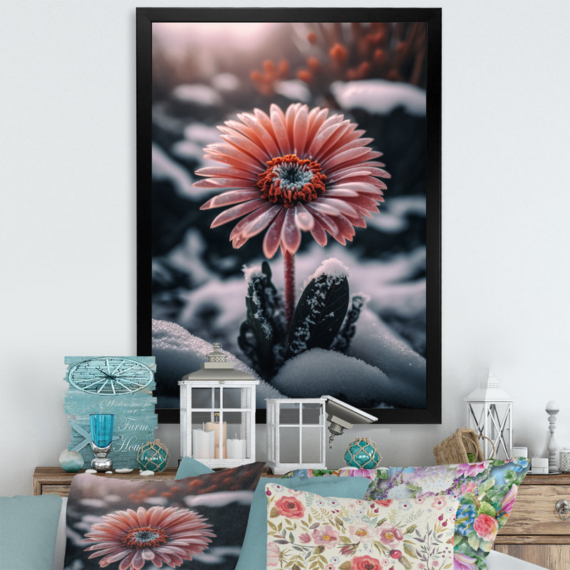 Une fleur de gerbera rose en hiver II - impression sur toile, Cadre d'angle fermé noir, H 20 po x l 12 po x P 1 po