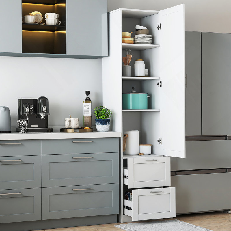 Grand garde-manger autoportant avec tablettes et tiroirs réglables pour la cuisine, la salle à manger ou l'espace de vie.