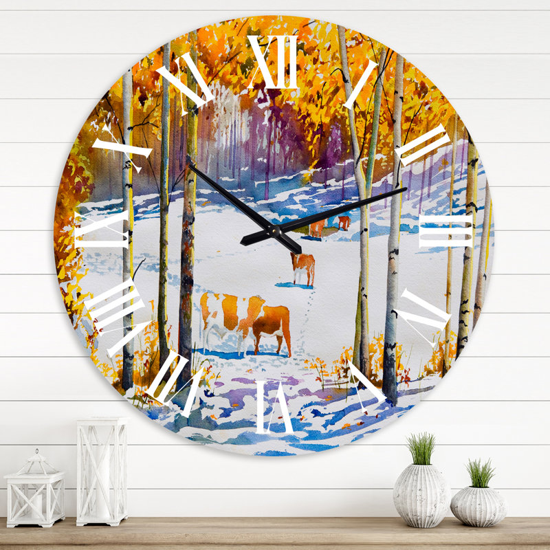 Bétail dans la neige au début de la forêt - horloge murale de ferme, Grand