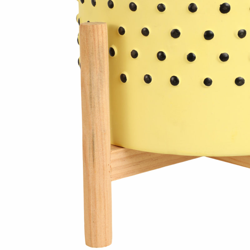 Pot de fleurs en céramique sur pied - pot de jardin intérieur / extérieur moderne avec base en bois surélevée, pot de fleurs décoratif pour la maison et le patio