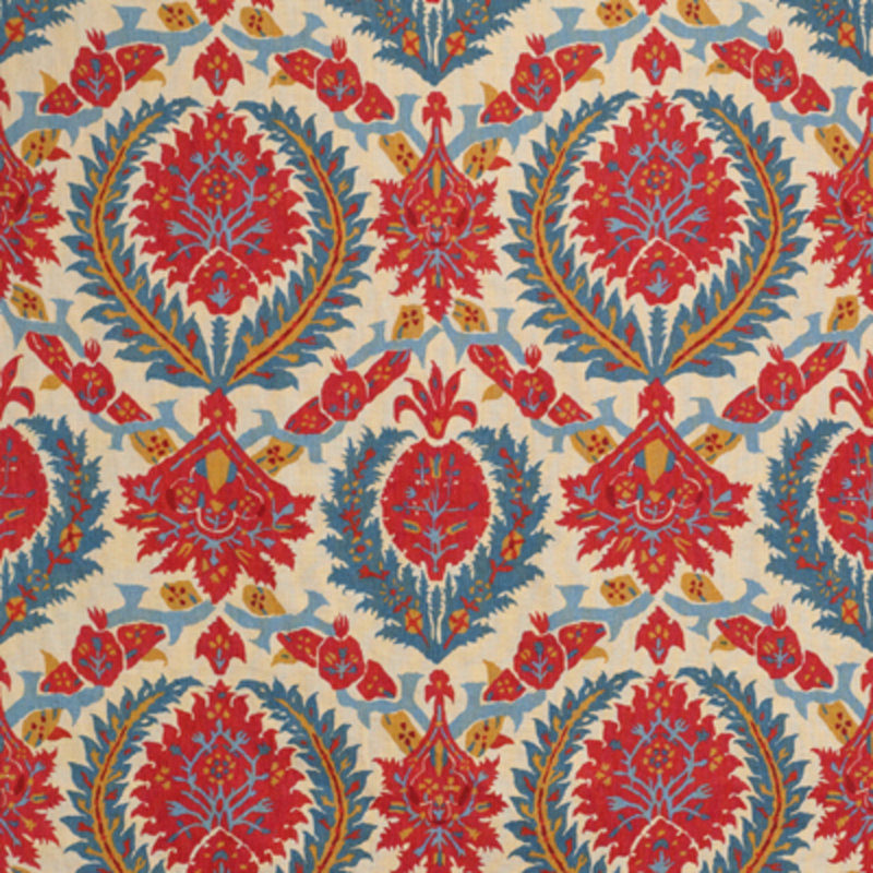 Les Alizes Zenobia Linen Performance Fabric, Pompeian Red/Blue