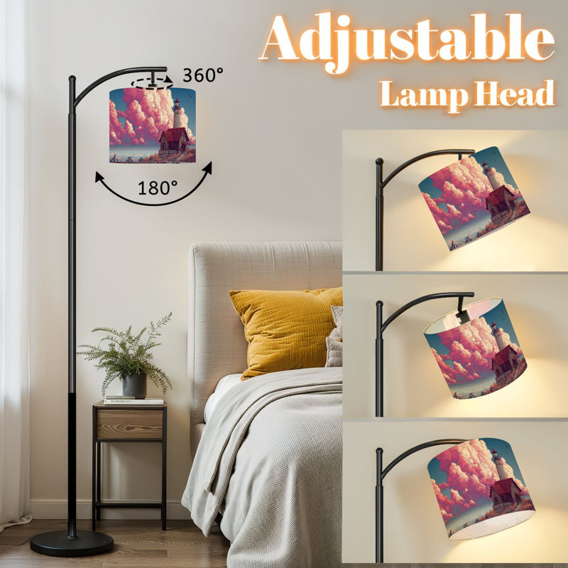 Lampe sur pied à arc avec abat-jour réglable Phare Rocky Cliff à toit rouge sous un nuage dramatique rose