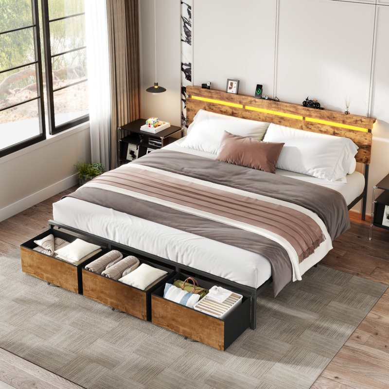 Très grand lit avec 3 tiroirs et tête de rangement ouverte, lumière DEL réglable et station de charge, aucun sommier nécessaire