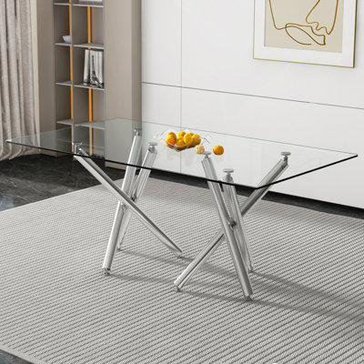 Grande table de salle à manger rectangulaire moderne en verre pour 6 à 8 personnes avec plateau en verre trempé de 0,39 po et pieds en métal chromé argenté, pour la cuisine. Plateau en verre trempé, pieds en métal à double fourchette.