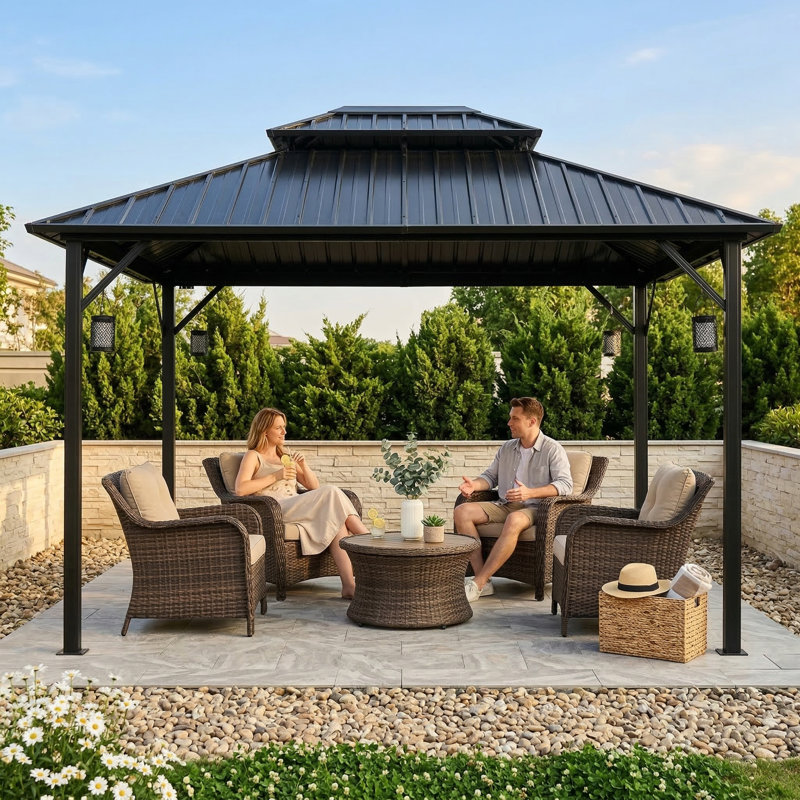 Pavilion-Style Gazebo Measuring 10 by 10 Feet, Features Double Roof Constructed from Color Steel Tiles