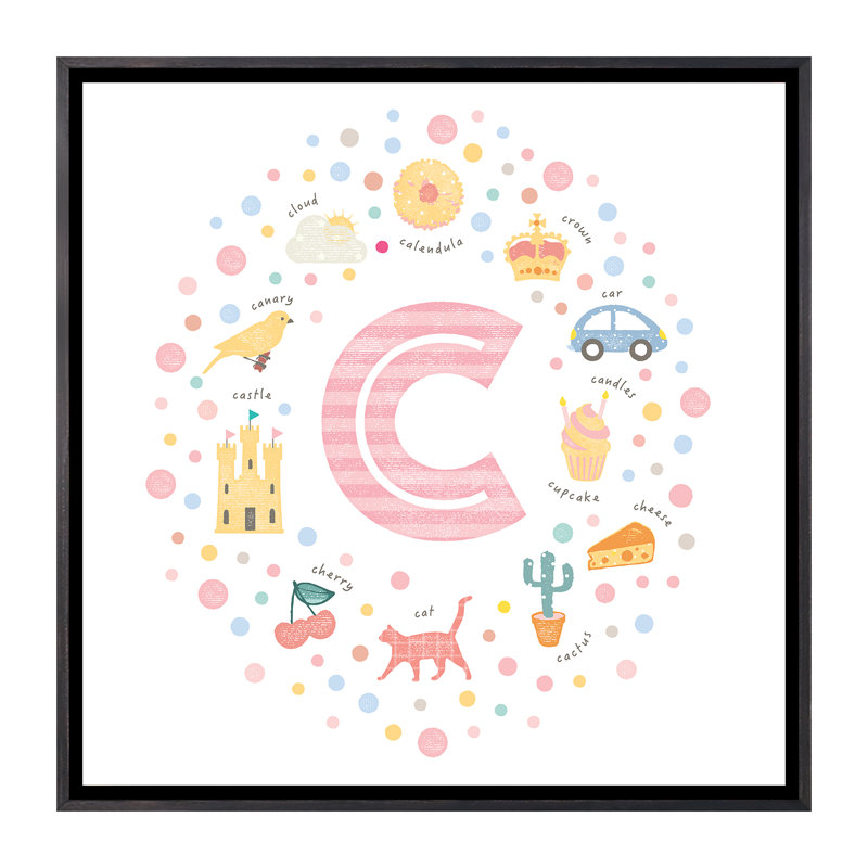 Lettre illustrée C rose - impression, Pas de tapis, Toile avec cadre noir patiné, H 18 po x l 18 po x 1,5 po