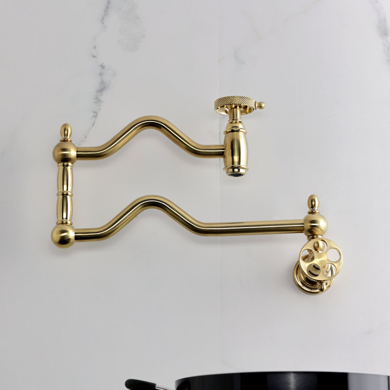 Kingston Brass Webb Two-Handle 1-Hole Wall Mount Pot Filler Faucet with Knurled Handle, Brushed Brass