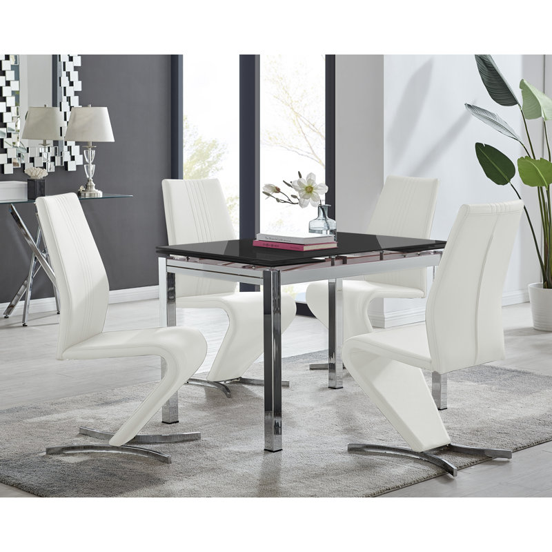 Tierra Modern Glass & Metal Extendable Dining Table Set & 4 Luxury Faux Leather Dining Chairs, White/Chrome