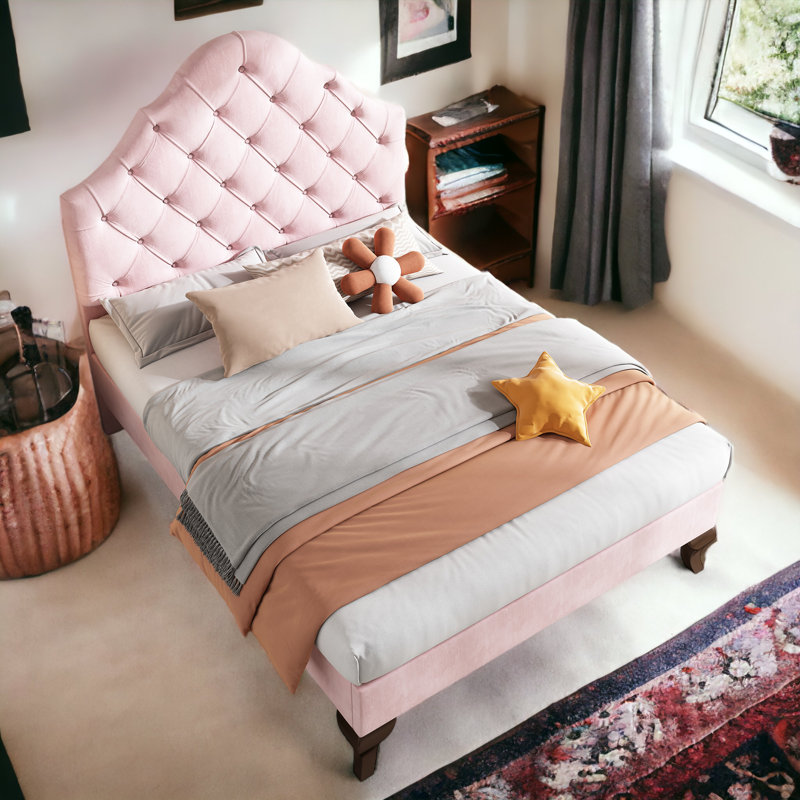 Nataly Upholstered Single (3') Velvet Bed, Pink