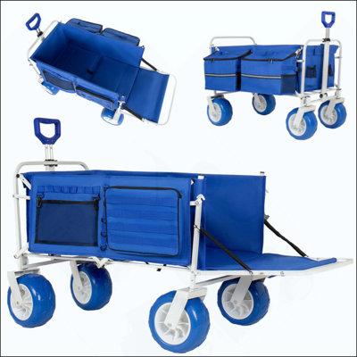 Chariot de plage avec hayon ouvert et roues tout-terrain, chariot pliant robuste de 500 lb, poignée réglable, glacière et sacs de rangement pour la plage, le camping, le jardin et les sports de plein air