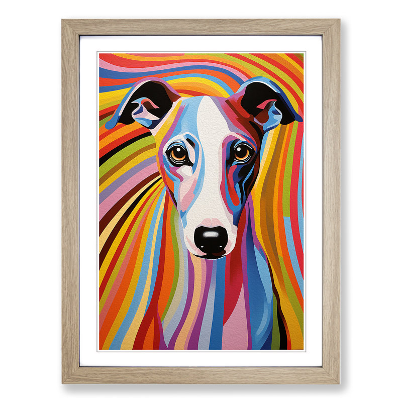 Whippet Op - Single Picture Frame Print on Wood, Oak Framed, 34cm H x 25cm W