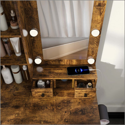 Table de coiffeuse avec miroir et lumières DEL réglables, prise de courant, support pour séchoir à cheveux et tabouret - coiffeuse compacte pour petites chambres