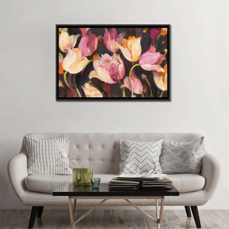 «Popping Tulips», reproduction sur toile, H 18 po x l 26 po x P 1,5 po, Toile avec cadre noir, Pas de tapis