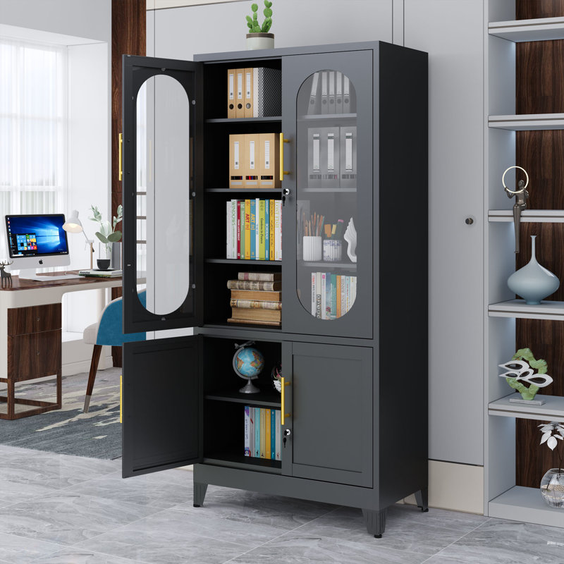 Classeur vertical en métal pour bureau à domicile avec portes en verre et 3 tablettes réglables, Noir