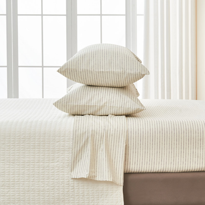 Full Size Light Grey Striped Microfiber Bed Sheet Set