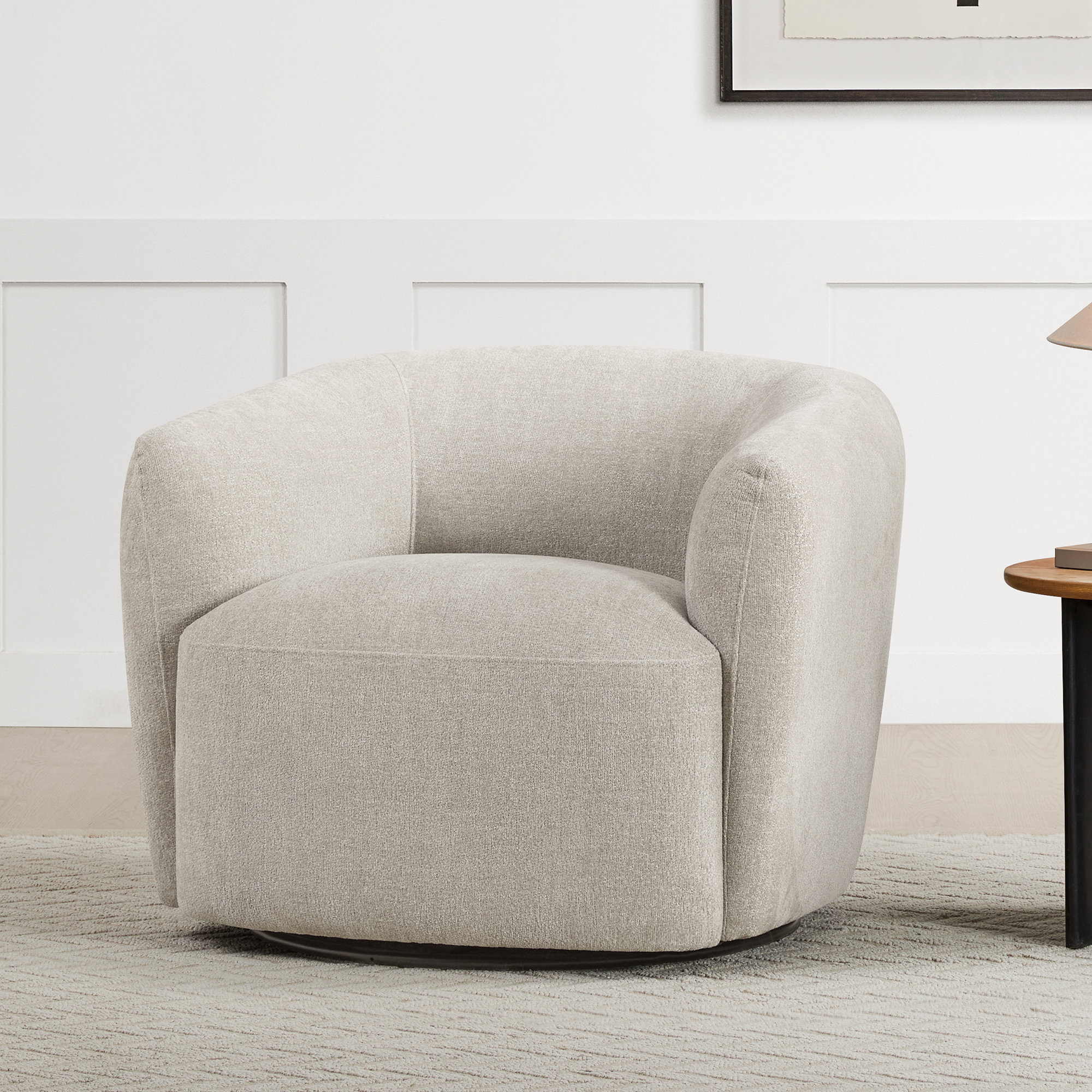 Jeremiah Barrel Swivel Upholstered Chair, Magnolia Sand Tweed