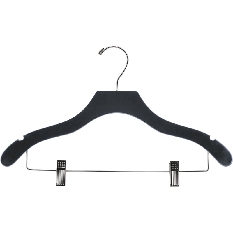 Cintre combiné en bois ondulé avec pinces de coussin réglables pour jupe / pantalon, Noir