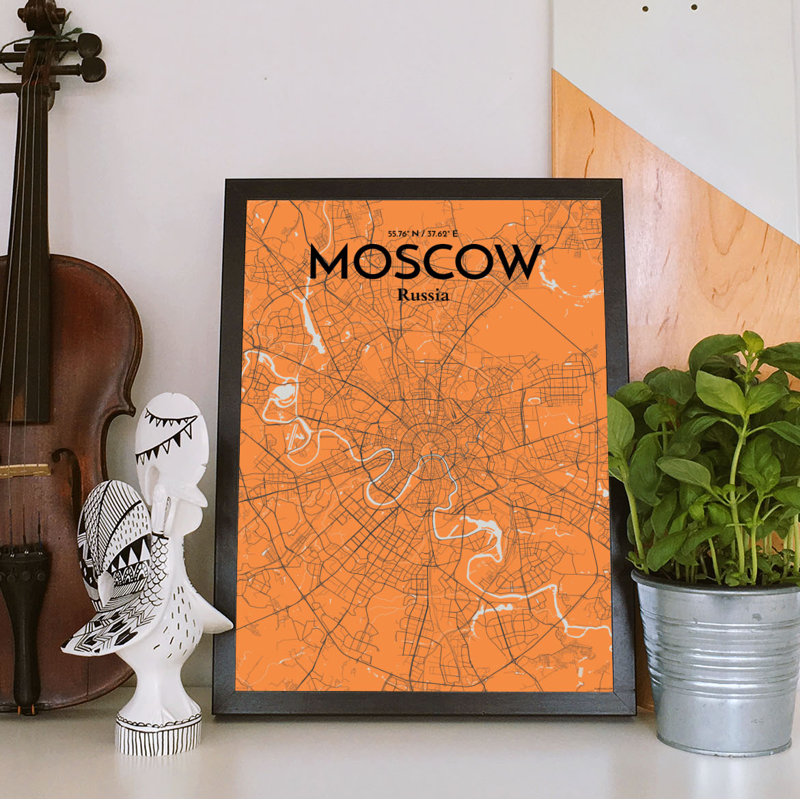 Moscow City Map - Unframed Graphic Art Print on Paper, 50.8cm H x 40.6cm W x 0.1cm D, Orange/White/Black