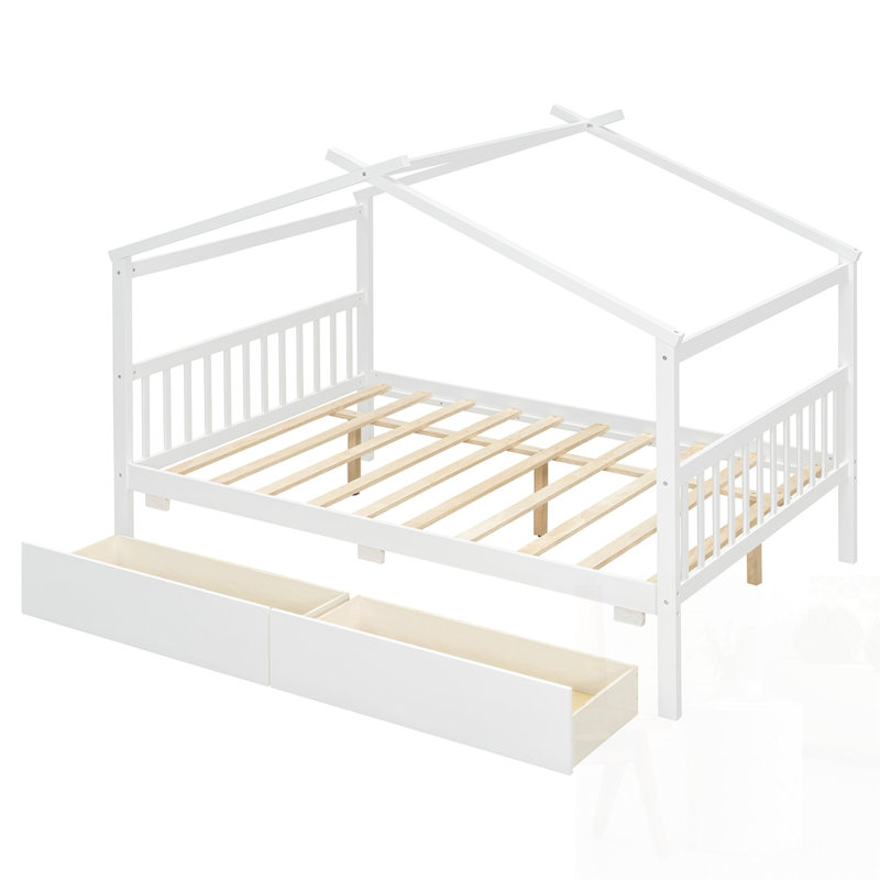 Lit en bois avec tiroirs, Blanc, Double