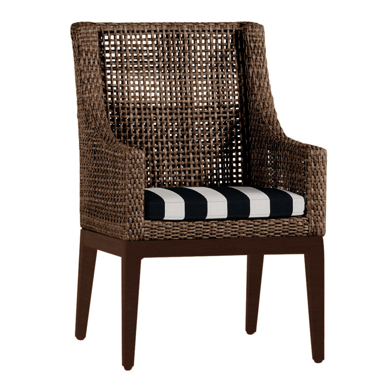 Peninsula Patio Dining Armchair with Cushions, No Welt, Cabana Midnight Stripe Sunbrella®, Mahogany/Chestnut