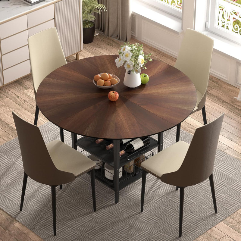 47" Round Walnut Dining Table Set, 5-Piece Modern Kitchen Table Set For 4-6 People, Real Wood Veneer Top With Storage Shelf & Steel Legs, Includes 4 Upholstered Chairs For Dining Room Or Kitchen