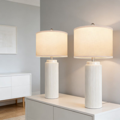 Set Of 2 Modern Ceramic Table Lamps With Linen Shade, 28.5 Inch Tall Farmhouse Bedside Lamps For Living Room, Bedroom, Office, And Hallway Decor