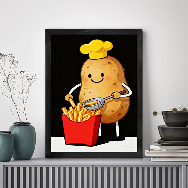 Art encadré noir, pommes de terre mignonnes pour faire des frites, art mural de style rétro, H 37 po x l 25 po