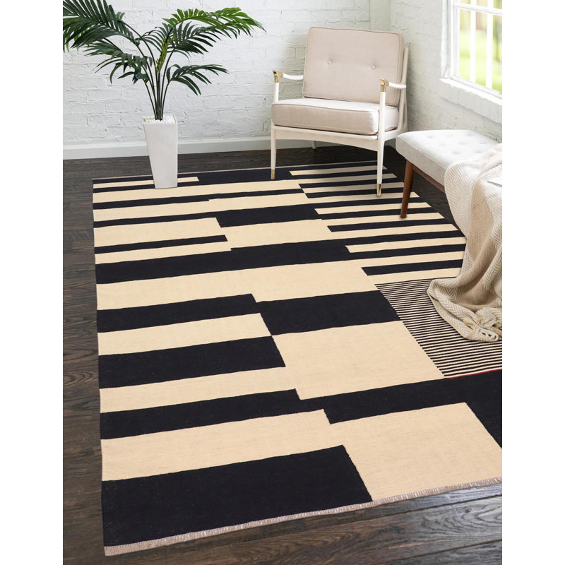 Tapis ivoire / noir à motif géométrique en laine tissé à plat rectangulaire Jacksonville 8 pi 1 po x 9 pi 9 po