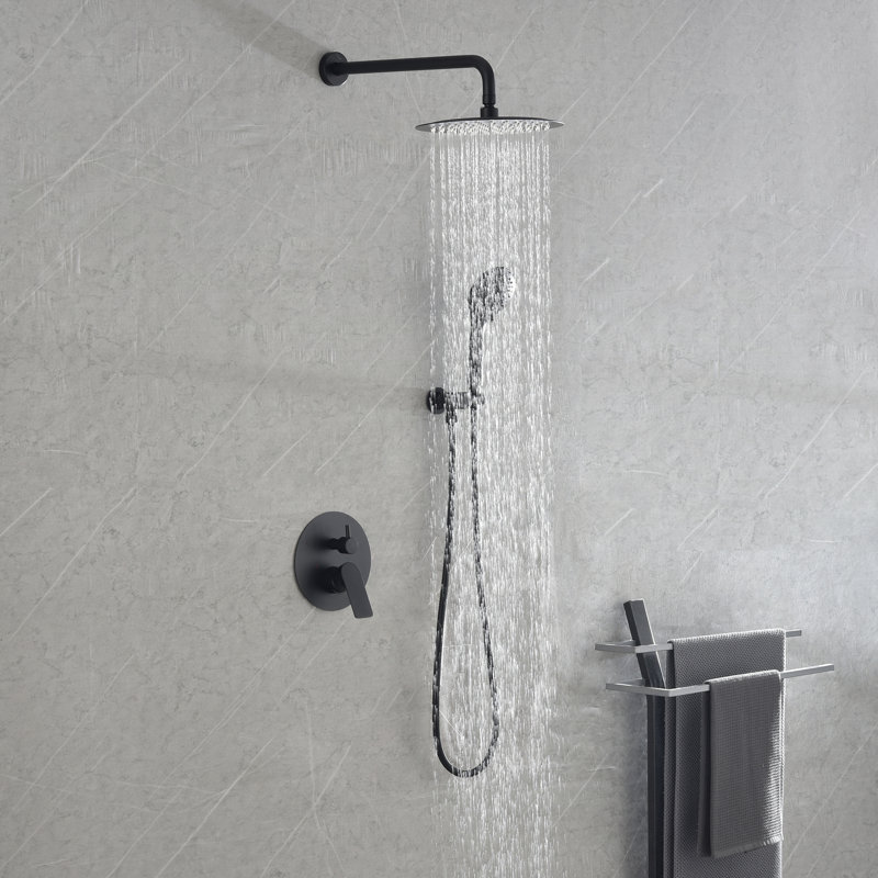 10" Round Complete Shower System with Rough-in Valve and Handheld Shower, Matte Black