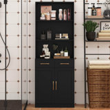 Tall Storage Cabinet, Bathroom Floor Storage Cabinet With 2 Drawers, Adjustable Shelves, Three-Layer Open Shelf