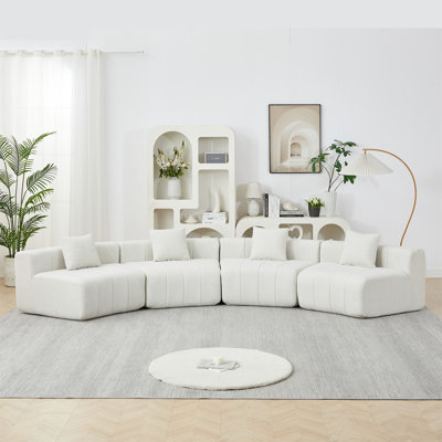 Chenille Curved Sectional Sofa With 4 Pillows