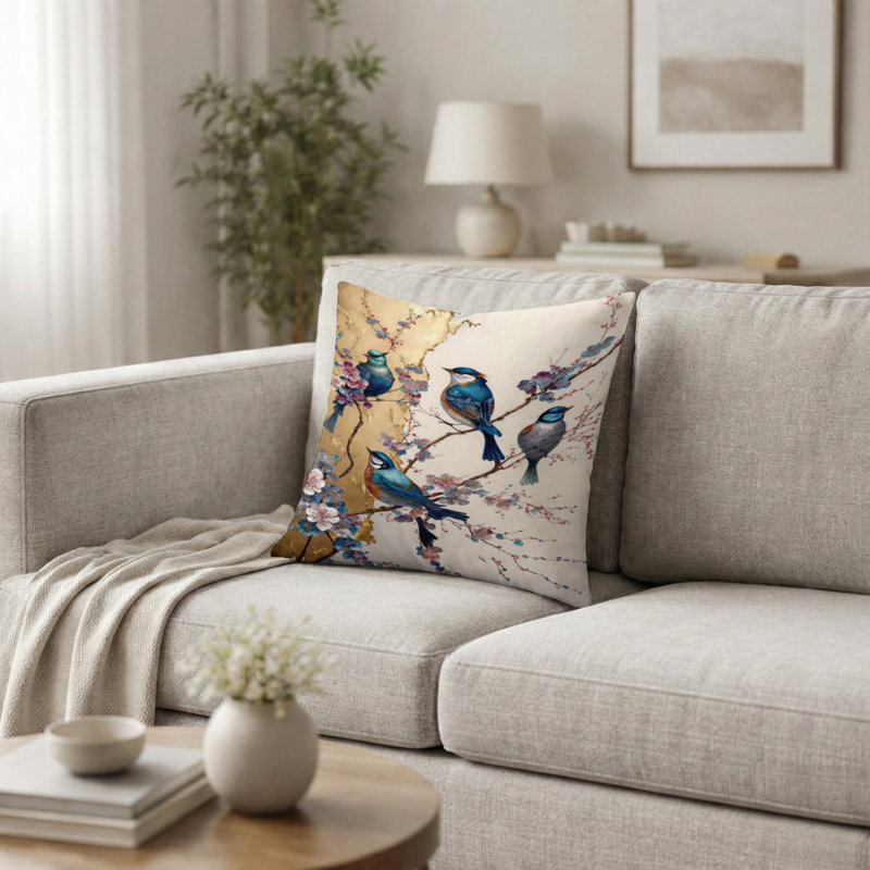 Coussin multicolore Birds On Plum Blossoms Tree, H 16 po x l 16 po