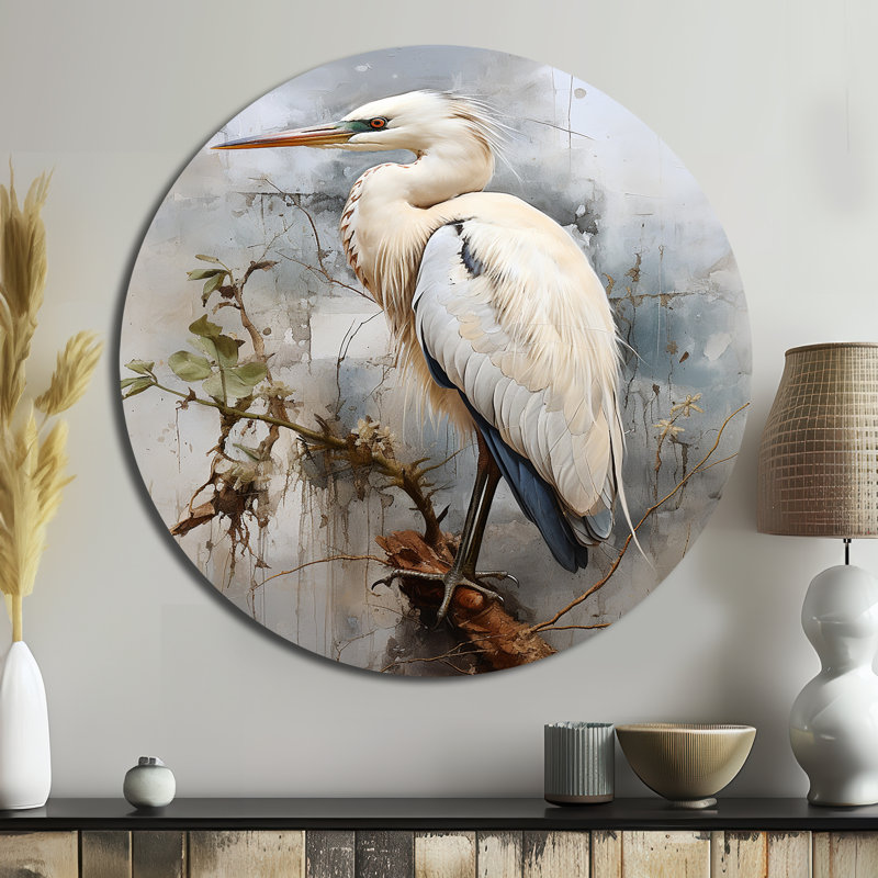 «Majestic Blue Heron Horizon - Animaux», art mural rond en métal, H 36 po x l 36 po