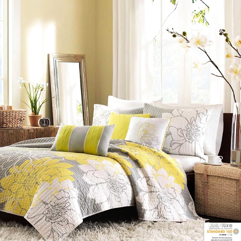 Très grand / très grand lit, coton gris / jaune taupe, 6 pièces, imprimé, réversible avec courtepointe