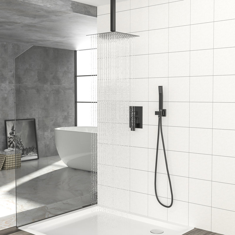 Dual Function, 10 Inch Square, Ceiling Mounted, Shower , Matte Black, - Scald Valve, 360° Adjustable, Rainfall, All Necessary Components Mount, Balanced Rainfall Shower, Easy Cleaning