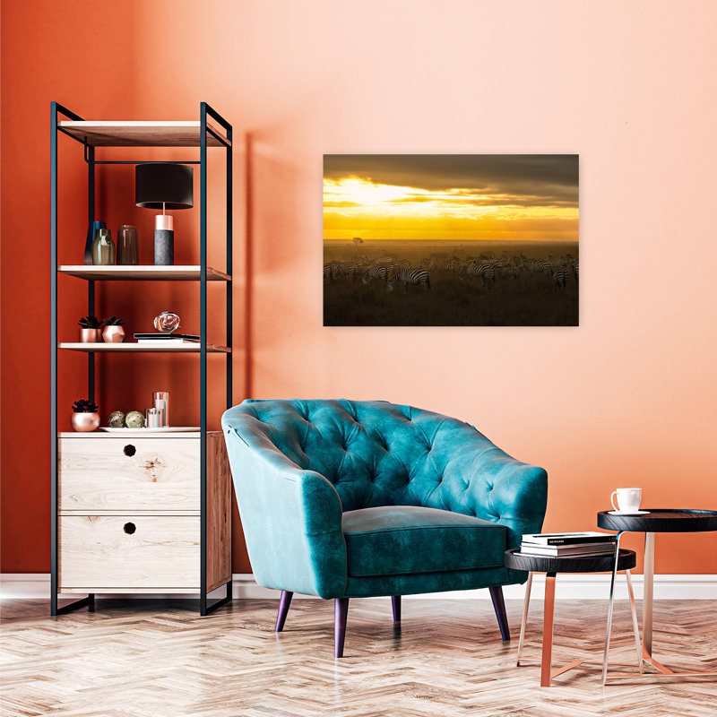 Golden Sunset Zebras Abstract Contemporary Zebra Landscape Nature Wall Art Print 1 Piece Wrapped Canvas Wall Art