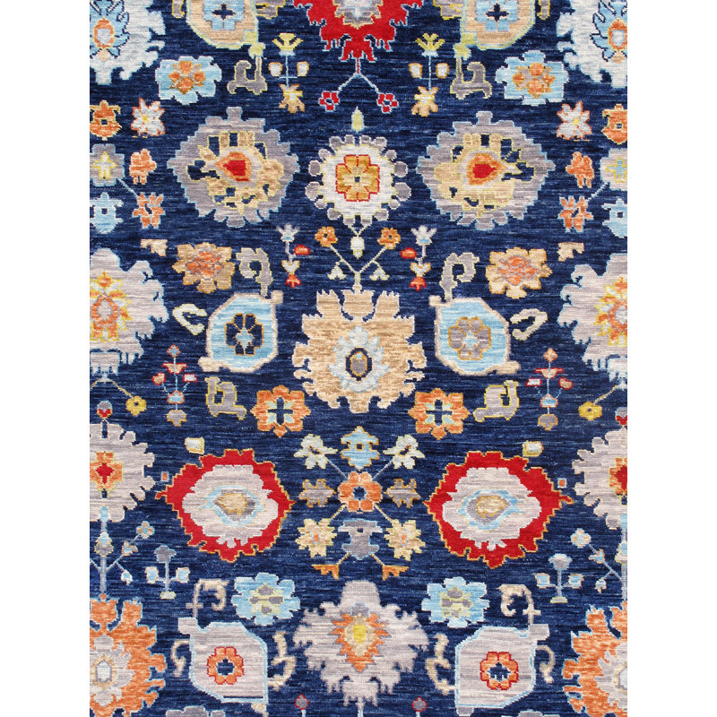 Elegant Navy Floral Hand-Knotted Wool Rectangular Rug 10' x 14'